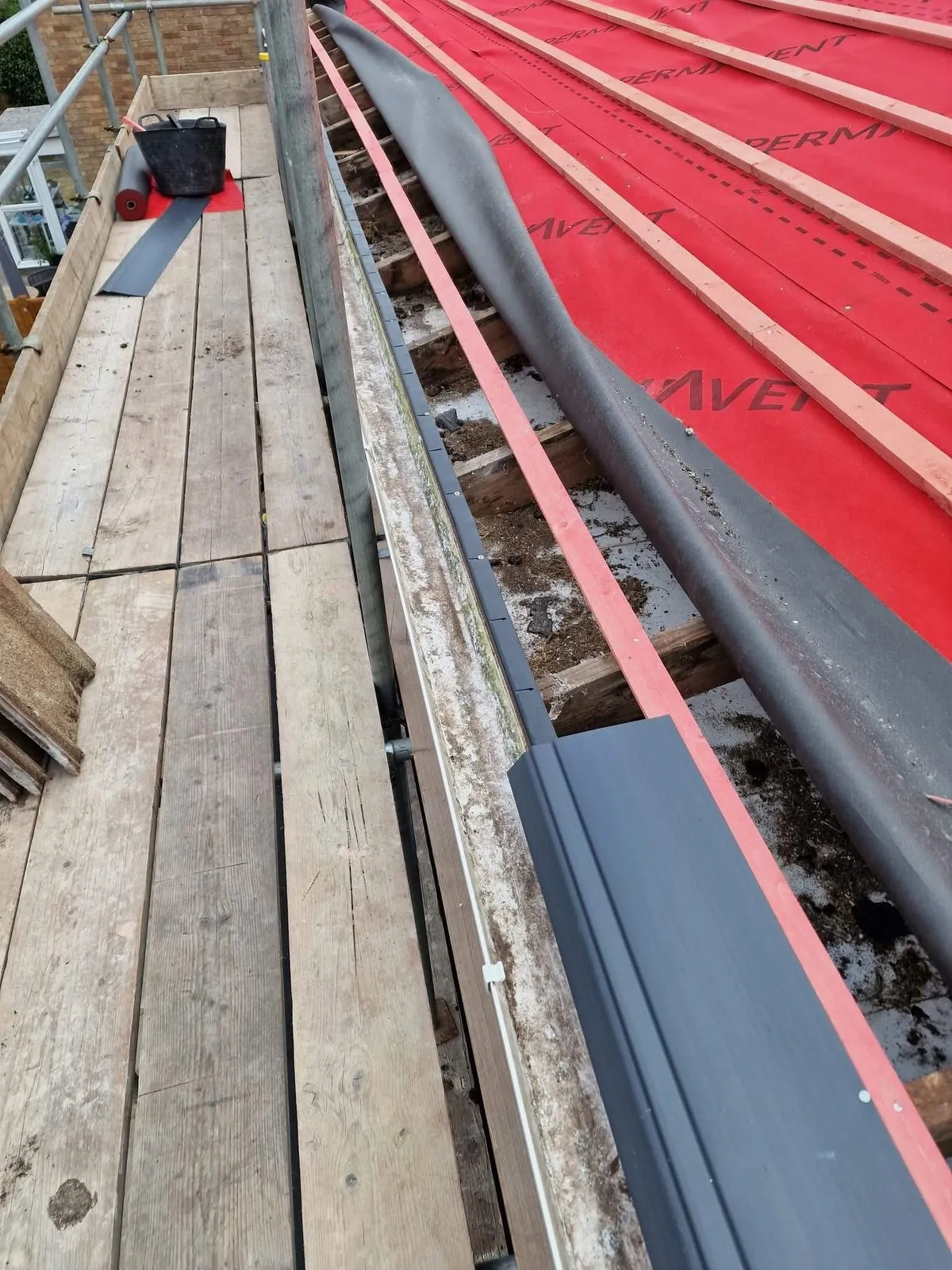 Breathable membrane and battens fitted during a re-roof in Camborne